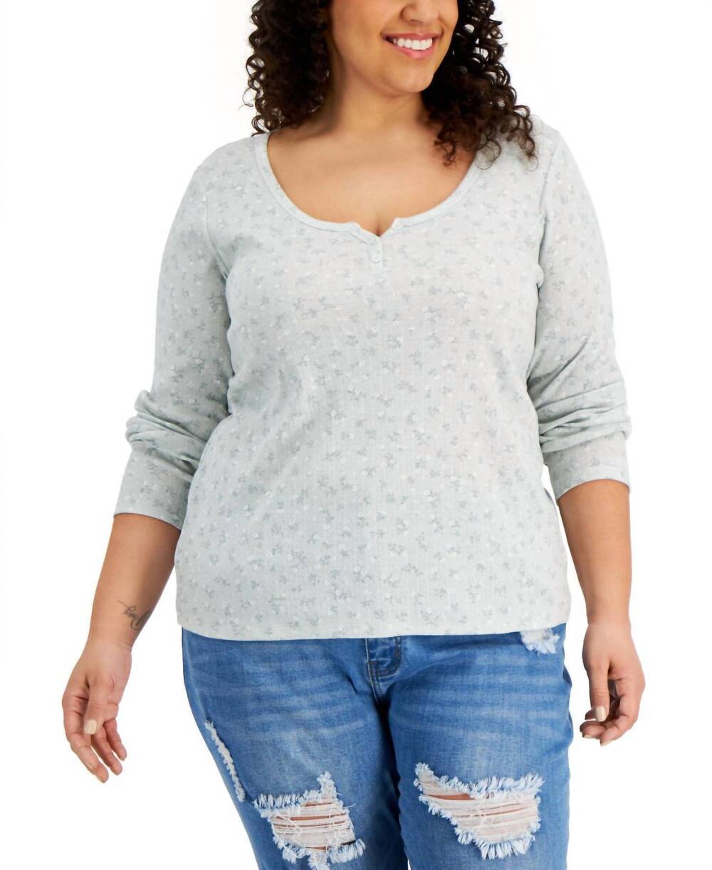 NEW HIPPIE ROSE trendy plus size printed henley neck top in sage ditsy